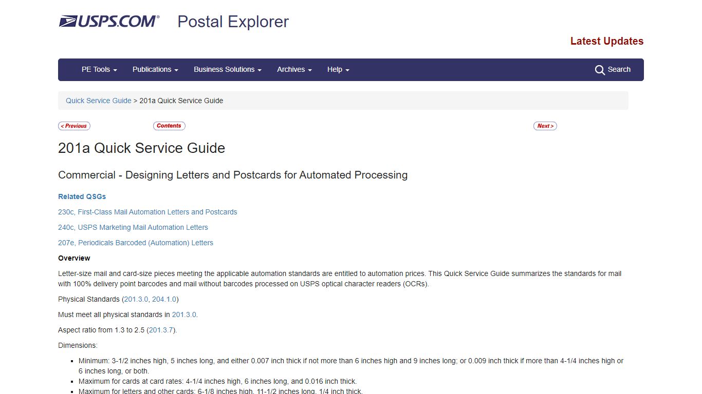 201a Quick Service Guide | Postal Explorer - USPS
